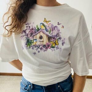 VINTAGE Birds Birdhouse Flowers Tee